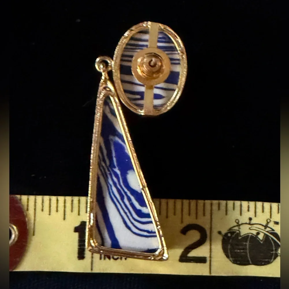 Blue and White Patterned Triangle Gold Border Dangling Statement Post Earrings - Picture 3 of 16